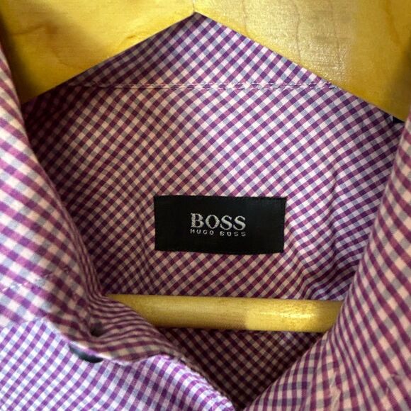 Boss Hugo Boss Pink Blue Purple Mini Check LS Classic Dress Shirt Sz 15.5 34/35 - Picture 4 of 11